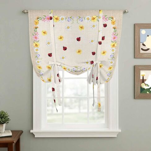 Farmhouse Flowers Tie Up Curtains for Window, Pastoral Botanical Floral Ladybirds Thermal Insulated Balloon Shade Adjustable Rod Pocket Curtains Valance Panels for Kitchen Bathroom Café 42'' x 45'' in Saudi Arabia