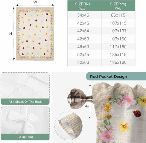 Farmhouse Flowers Tie Up Curtains for Window, Pastoral Botanical Floral Ladybirds Thermal Insulated Balloon Shade Adjustable Rod Pocket Curtains Valance Panels for Kitchen Bathroom Café 42'' x 45'' in Saudi Arabia