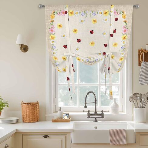 Farmhouse Flowers Tie Up Curtains for Window, Pastoral Botanical Floral Ladybirds Thermal Insulated Balloon Shade Adjustable Rod Pocket Curtains Valance Panels for Kitchen Bathroom Café 42'' x 45'' in Saudi Arabia