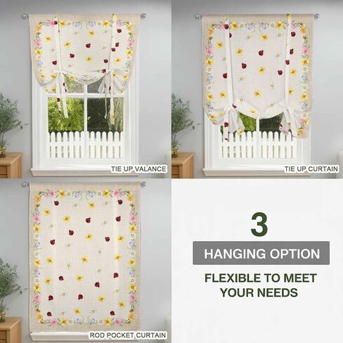 Farmhouse Flowers Tie Up Curtains for Window, Pastoral Botanical Floral Ladybirds Thermal Insulated Balloon Shade Adjustable Rod Pocket Curtains Valance Panels for Kitchen Bathroom Café 42'' x 45'' in Saudi Arabia