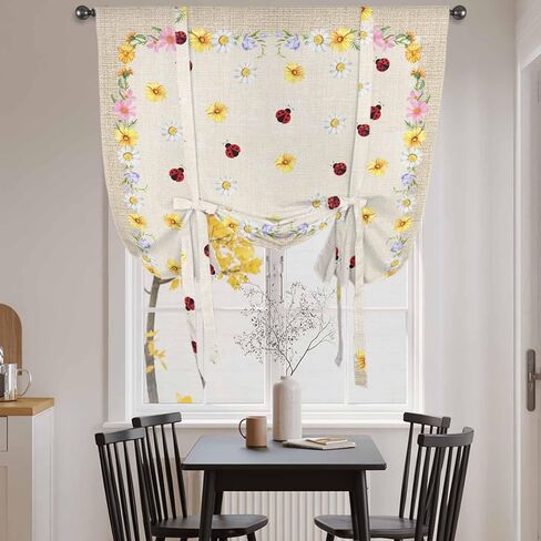 Farmhouse Flowers Tie Up Curtains for Window, Pastoral Botanical Floral Ladybirds Thermal Insulated Balloon Shade Adjustable Rod Pocket Curtains Valance Panels for Kitchen Bathroom Café 42'' x 45'' in Saudi Arabia