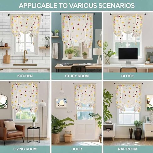 Farmhouse Flowers Tie Up Curtains for Window, Pastoral Botanical Floral Ladybirds Thermal Insulated Balloon Shade Adjustable Rod Pocket Curtains Valance Panels for Kitchen Bathroom Café 42'' x 45'' in Saudi Arabia