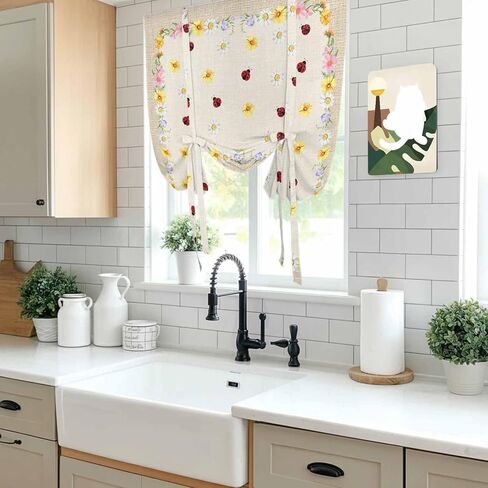 Farmhouse Flowers Tie Up Curtains for Window, Pastoral Botanical Floral Ladybirds Thermal Insulated Balloon Shade Adjustable Rod Pocket Curtains Valance Panels for Kitchen Bathroom Café 42'' x 45'' in Saudi Arabia