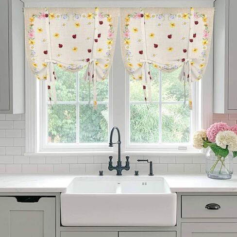 Farmhouse Flowers Tie Up Curtains for Window, Pastoral Botanical Floral Ladybirds Thermal Insulated Balloon Shade Adjustable Rod Pocket Curtains Valance Panels for Kitchen Bathroom Café 42'' x 45'' in Saudi Arabia