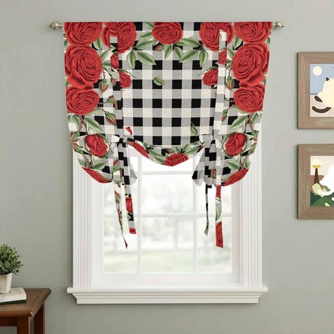 Red Roses Valentine's Day Tie Up Curtains for Window, Romantic Spring Floral Plaid Thermal Insulated Balloon Shade Adjustable Rod Pocket Curtains Valance Panels for Kitchen Bathroom Café 42'' x 45'' in Saudi Arabia