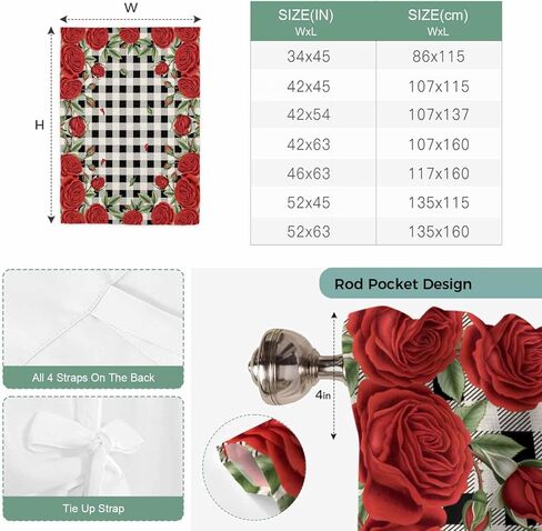 Red Roses Valentine's Day Tie Up Curtains for Window, Romantic Spring Floral Plaid Thermal Insulated Balloon Shade Adjustable Rod Pocket Curtains Valance Panels for Kitchen Bathroom Café 42'' x 45'' in Saudi Arabia