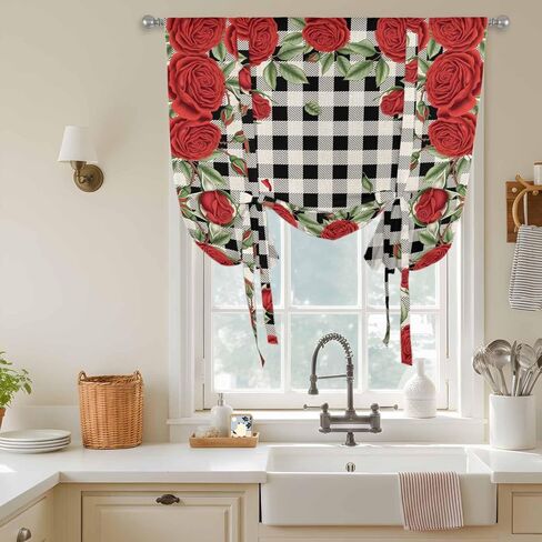 Red Roses Valentine's Day Tie Up Curtains for Window, Romantic Spring Floral Plaid Thermal Insulated Balloon Shade Adjustable Rod Pocket Curtains Valance Panels for Kitchen Bathroom Café 42'' x 45'' in Saudi Arabia