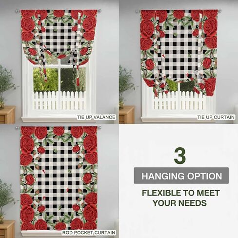 Red Roses Valentine's Day Tie Up Curtains for Window, Romantic Spring Floral Plaid Thermal Insulated Balloon Shade Adjustable Rod Pocket Curtains Valance Panels for Kitchen Bathroom Café 42'' x 45'' in Saudi Arabia