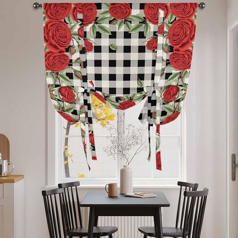 Red Roses Valentine's Day Tie Up Curtains for Window, Romantic Spring Floral Plaid Thermal Insulated Balloon Shade Adjustable Rod Pocket Curtains Valance Panels for Kitchen Bathroom Café 42'' x 45'' in Saudi Arabia