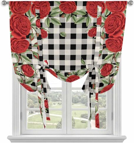 Red Roses Valentine's Day Tie Up Curtains for Window, Romantic Spring Floral Plaid Thermal Insulated Balloon Shade Adjustable Rod Pocket Curtains Valance Panels for Kitchen Bathroom Café 42'' x 45'' in Saudi Arabia