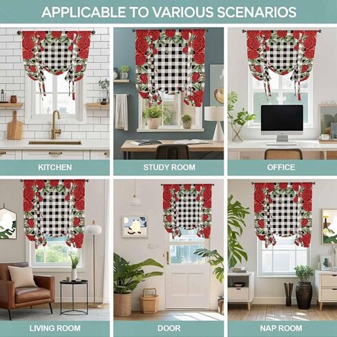 Red Roses Valentine's Day Tie Up Curtains for Window, Romantic Spring Floral Plaid Thermal Insulated Balloon Shade Adjustable Rod Pocket Curtains Valance Panels for Kitchen Bathroom Café 42'' x 45'' in Saudi Arabia