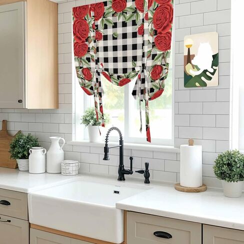 Red Roses Valentine's Day Tie Up Curtains for Window, Romantic Spring Floral Plaid Thermal Insulated Balloon Shade Adjustable Rod Pocket Curtains Valance Panels for Kitchen Bathroom Café 42'' x 45'' in Saudi Arabia