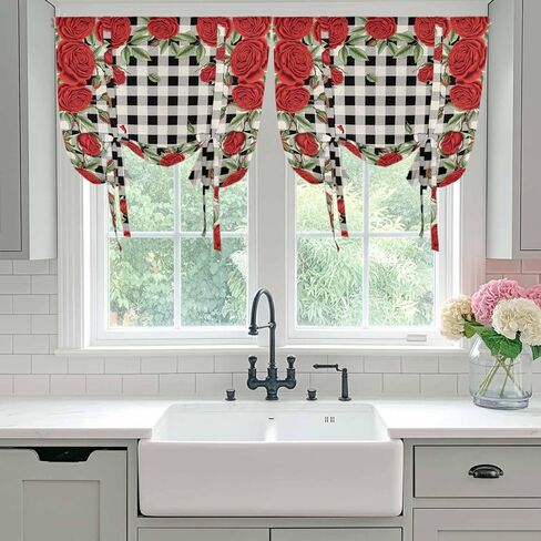 Red Roses Valentine's Day Tie Up Curtains for Window, Romantic Spring Floral Plaid Thermal Insulated Balloon Shade Adjustable Rod Pocket Curtains Valance Panels for Kitchen Bathroom Café 42'' x 45'' in Saudi Arabia