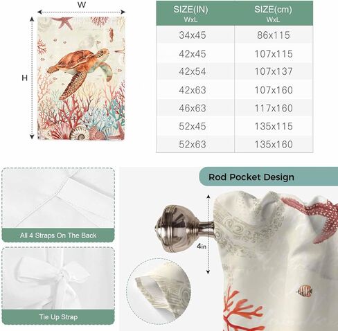 Brown Turtle Coastal Tie Up Curtains for Window, Summer Beach Nautical Coral Shells Starfish Thermal Balloon Shade Adjustable Rod Pocket Curtains Valance Panels for Kitchen Bathroom Café 42'' x 54'' in Saudi Arabia