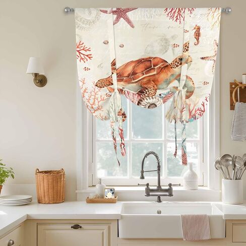 Brown Turtle Coastal Tie Up Curtains for Window, Summer Beach Nautical Coral Shells Starfish Thermal Balloon Shade Adjustable Rod Pocket Curtains Valance Panels for Kitchen Bathroom Café 42'' x 54'' in Saudi Arabia