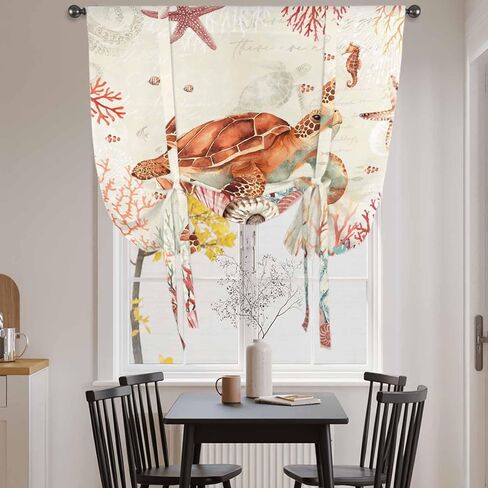 Brown Turtle Coastal Tie Up Curtains for Window, Summer Beach Nautical Coral Shells Starfish Thermal Balloon Shade Adjustable Rod Pocket Curtains Valance Panels for Kitchen Bathroom Café 42'' x 54'' in Saudi Arabia