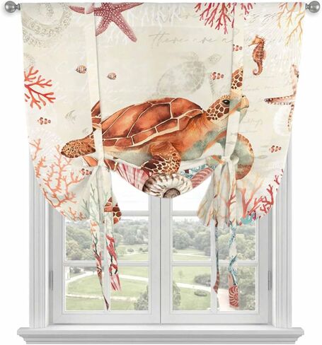 Brown Turtle Coastal Tie Up Curtains for Window, Summer Beach Nautical Coral Shells Starfish Thermal Balloon Shade Adjustable Rod Pocket Curtains Valance Panels for Kitchen Bathroom Café 42'' x 54'' in Saudi Arabia