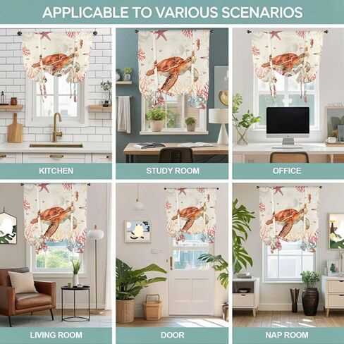 Brown Turtle Coastal Tie Up Curtains for Window, Summer Beach Nautical Coral Shells Starfish Thermal Balloon Shade Adjustable Rod Pocket Curtains Valance Panels for Kitchen Bathroom Café 42'' x 54'' in Saudi Arabia