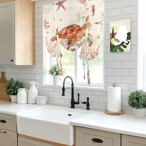Brown Turtle Coastal Tie Up Curtains for Window, Summer Beach Nautical Coral Shells Starfish Thermal Balloon Shade Adjustable Rod Pocket Curtains Valance Panels for Kitchen Bathroom Café 42'' x 54'' in Saudi Arabia