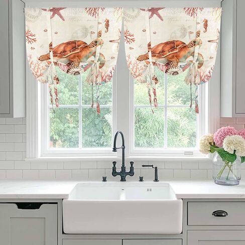 Brown Turtle Coastal Tie Up Curtains for Window, Summer Beach Nautical Coral Shells Starfish Thermal Balloon Shade Adjustable Rod Pocket Curtains Valance Panels for Kitchen Bathroom Café 42'' x 54'' in Saudi Arabia