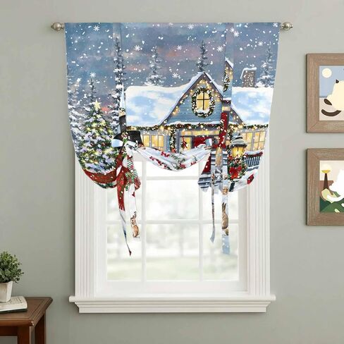 Christmas Tie Up Curtains for Window, Farmhouse Snowman Xmas Tree Snowflake Thermal Insulated Balloon Shade Adjustable Rod Pocket Curtains Valance Panels for Kitchen Bathroom Café 34'' x 45'' in Saudi Arabia