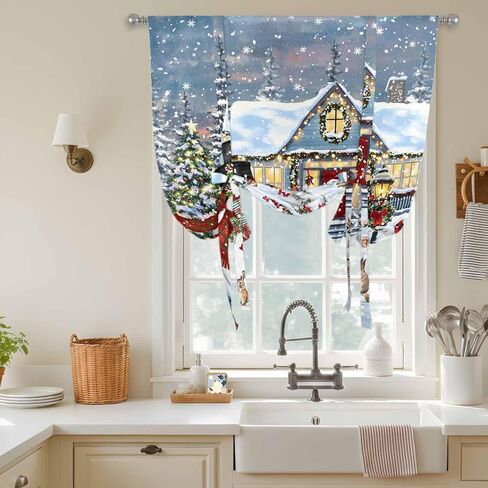 Christmas Tie Up Curtains for Window, Farmhouse Snowman Xmas Tree Snowflake Thermal Insulated Balloon Shade Adjustable Rod Pocket Curtains Valance Panels for Kitchen Bathroom Café 34'' x 45'' in Saudi Arabia