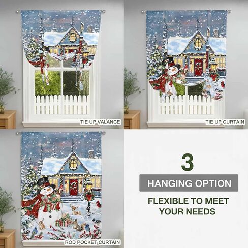 Christmas Tie Up Curtains for Window, Farmhouse Snowman Xmas Tree Snowflake Thermal Insulated Balloon Shade Adjustable Rod Pocket Curtains Valance Panels for Kitchen Bathroom Café 34'' x 45'' in Saudi Arabia