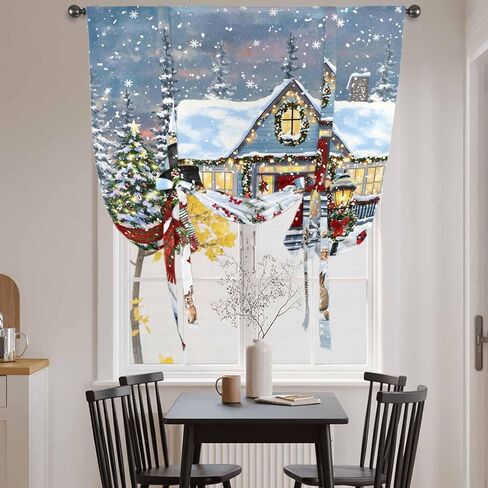 Christmas Tie Up Curtains for Window, Farmhouse Snowman Xmas Tree Snowflake Thermal Insulated Balloon Shade Adjustable Rod Pocket Curtains Valance Panels for Kitchen Bathroom Café 34'' x 45'' in Saudi Arabia