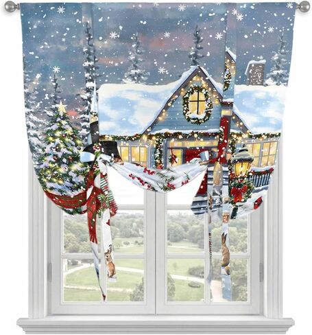 Christmas Tie Up Curtains for Window, Farmhouse Snowman Xmas Tree Snowflake Thermal Insulated Balloon Shade Adjustable Rod Pocket Curtains Valance Panels for Kitchen Bathroom Café 34'' x 45'' in Saudi Arabia