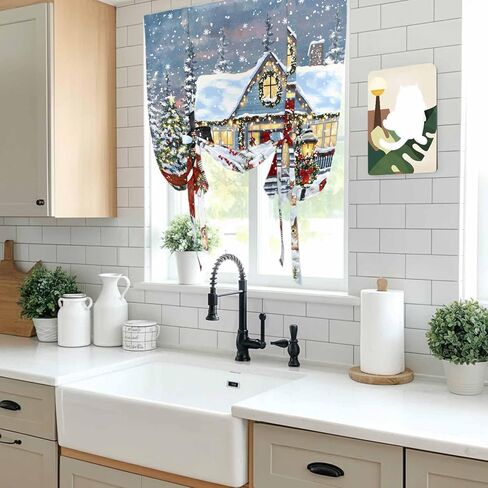 Christmas Tie Up Curtains for Window, Farmhouse Snowman Xmas Tree Snowflake Thermal Insulated Balloon Shade Adjustable Rod Pocket Curtains Valance Panels for Kitchen Bathroom Café 34'' x 45'' in Saudi Arabia