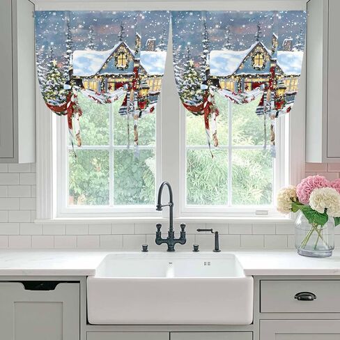 Christmas Tie Up Curtains for Window, Farmhouse Snowman Xmas Tree Snowflake Thermal Insulated Balloon Shade Adjustable Rod Pocket Curtains Valance Panels for Kitchen Bathroom Café 34'' x 45'' in Saudi Arabia
