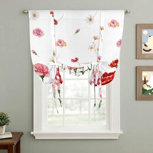 Carnation Flower Tie Up Curtains for Window, Mother's Day Colorful Floral Daisy Thermal Insulated Balloon Shade Adjustable Rod Pocket Curtains Valance Panels for Kitchen Bathroom Café 42'' x 45'' in Saudi Arabia