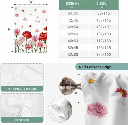 Carnation Flower Tie Up Curtains for Window, Mother's Day Colorful Floral Daisy Thermal Insulated Balloon Shade Adjustable Rod Pocket Curtains Valance Panels for Kitchen Bathroom Café 42'' x 45'' in Saudi Arabia