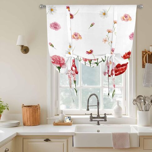 Carnation Flower Tie Up Curtains for Window, Mother's Day Colorful Floral Daisy Thermal Insulated Balloon Shade Adjustable Rod Pocket Curtains Valance Panels for Kitchen Bathroom Café 42'' x 45'' in Saudi Arabia