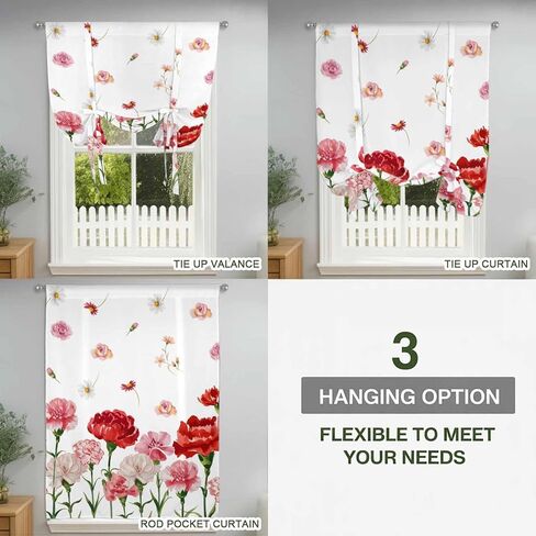 Carnation Flower Tie Up Curtains for Window, Mother's Day Colorful Floral Daisy Thermal Insulated Balloon Shade Adjustable Rod Pocket Curtains Valance Panels for Kitchen Bathroom Café 42'' x 45'' in Saudi Arabia