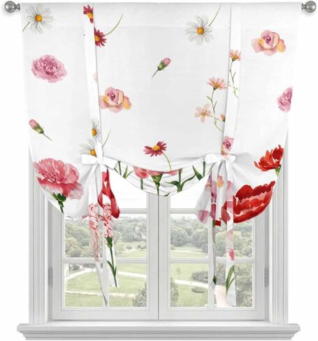 Carnation Flower Tie Up Curtains for Window, Mother's Day Colorful Floral Daisy Thermal Insulated Balloon Shade Adjustable Rod Pocket Curtains Valance Panels for Kitchen Bathroom Café 42'' x 45'' in Saudi Arabia