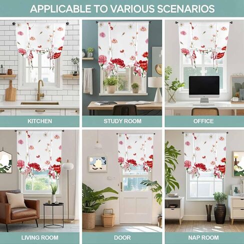 Carnation Flower Tie Up Curtains for Window, Mother's Day Colorful Floral Daisy Thermal Insulated Balloon Shade Adjustable Rod Pocket Curtains Valance Panels for Kitchen Bathroom Café 42'' x 45'' in Saudi Arabia