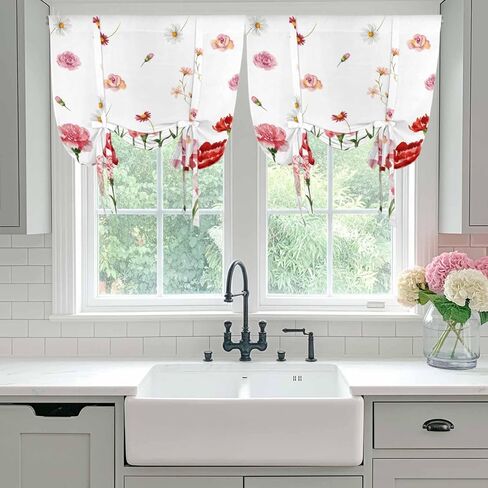 Carnation Flower Tie Up Curtains for Window, Mother's Day Colorful Floral Daisy Thermal Insulated Balloon Shade Adjustable Rod Pocket Curtains Valance Panels for Kitchen Bathroom Café 42'' x 45'' in Saudi Arabia