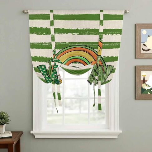 St Patrick's Day Tie Up Curtains for Window, Green Lucky Gnomes Retro Green White Stripes Thermal Balloon Shade Adjustable Rod Pocket Curtains Valance Panels for Kitchen Bathroom Café 42'' x 63'' in Saudi Arabia