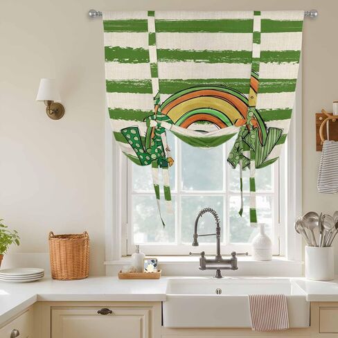 St Patrick's Day Tie Up Curtains for Window, Green Lucky Gnomes Retro Green White Stripes Thermal Balloon Shade Adjustable Rod Pocket Curtains Valance Panels for Kitchen Bathroom Café 42'' x 63'' in Saudi Arabia