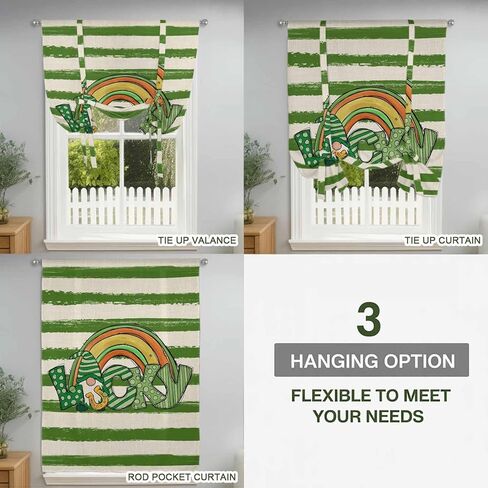 St Patrick's Day Tie Up Curtains for Window, Green Lucky Gnomes Retro Green White Stripes Thermal Balloon Shade Adjustable Rod Pocket Curtains Valance Panels for Kitchen Bathroom Café 42'' x 63'' in Saudi Arabia