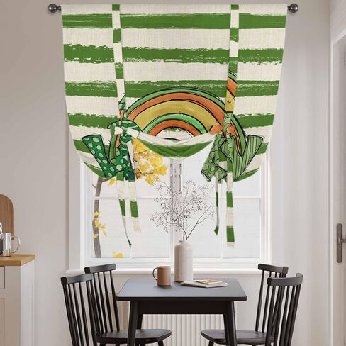 St Patrick's Day Tie Up Curtains for Window, Green Lucky Gnomes Retro Green White Stripes Thermal Balloon Shade Adjustable Rod Pocket Curtains Valance Panels for Kitchen Bathroom Café 42'' x 63'' in Saudi Arabia