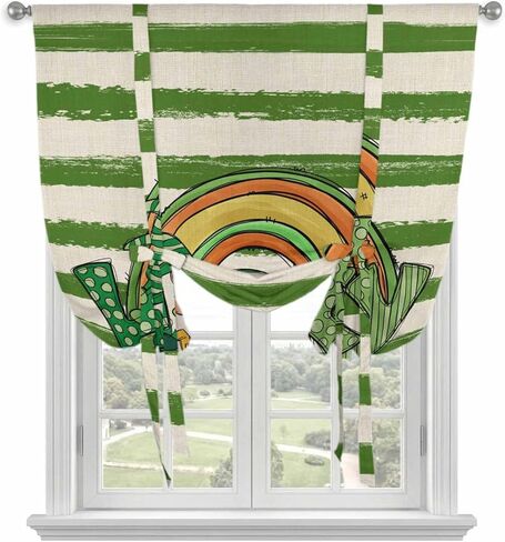 St Patrick's Day Tie Up Curtains for Window, Green Lucky Gnomes Retro Green White Stripes Thermal Balloon Shade Adjustable Rod Pocket Curtains Valance Panels for Kitchen Bathroom Café 42'' x 63'' in Saudi Arabia