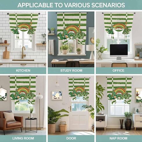St Patrick's Day Tie Up Curtains for Window, Green Lucky Gnomes Retro Green White Stripes Thermal Balloon Shade Adjustable Rod Pocket Curtains Valance Panels for Kitchen Bathroom Café 42'' x 63'' in Saudi Arabia