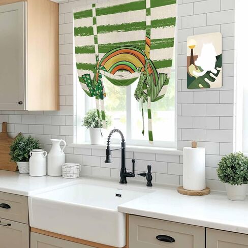 St Patrick's Day Tie Up Curtains for Window, Green Lucky Gnomes Retro Green White Stripes Thermal Balloon Shade Adjustable Rod Pocket Curtains Valance Panels for Kitchen Bathroom Café 42'' x 63'' in Saudi Arabia