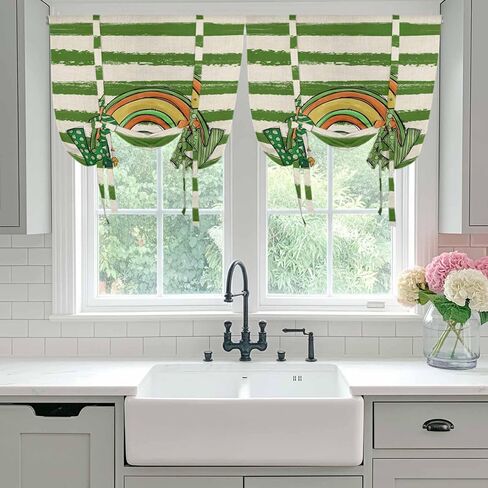 St Patrick's Day Tie Up Curtains for Window, Green Lucky Gnomes Retro Green White Stripes Thermal Balloon Shade Adjustable Rod Pocket Curtains Valance Panels for Kitchen Bathroom Café 42'' x 63'' in Saudi Arabia