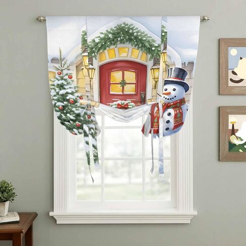 Christmas Snowman Tie Up Curtains for Window, Xmas Tree Winter Thermal Insulated Balloon Shade Adjustable Rod Pocket Curtains Valance Panels for Kitchen Bathroom Café 46'' x 63'' in Saudi Arabia