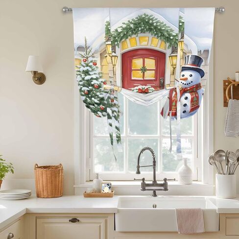Christmas Snowman Tie Up Curtains for Window, Xmas Tree Winter Thermal Insulated Balloon Shade Adjustable Rod Pocket Curtains Valance Panels for Kitchen Bathroom Café 46'' x 63'' in Saudi Arabia
