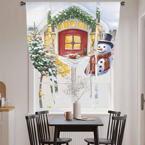 Christmas Snowman Tie Up Curtains for Window, Xmas Tree Winter Thermal Insulated Balloon Shade Adjustable Rod Pocket Curtains Valance Panels for Kitchen Bathroom Café 46'' x 63'' in Saudi Arabia