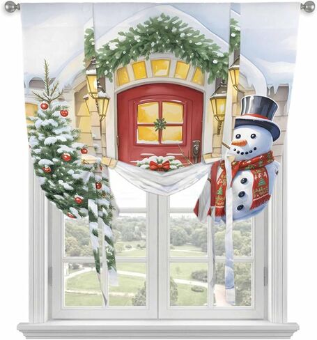 Christmas Snowman Tie Up Curtains for Window, Xmas Tree Winter Thermal Insulated Balloon Shade Adjustable Rod Pocket Curtains Valance Panels for Kitchen Bathroom Café 46'' x 63'' in Saudi Arabia